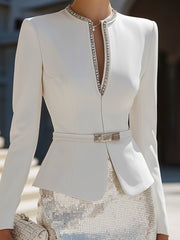 Elegant White Blazer with Silver Sequin Skirt Set