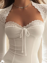 White Lace Trim Long Sleeve Top