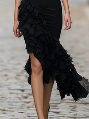 Black Chiffon Ruffle Sleeveless Midi Dress
