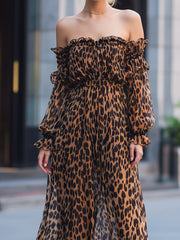 Elegant Leopard Print Off-Shoulder Chiffon Maxi Dress