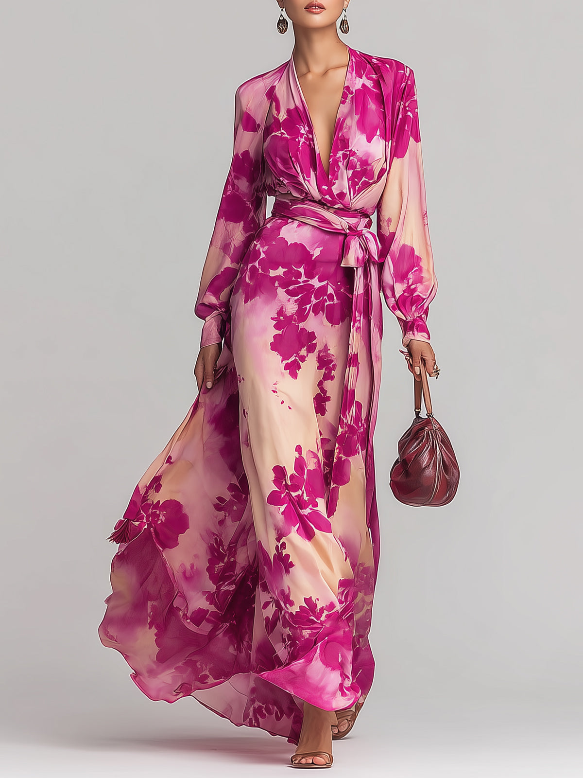 Romantic Rose-red Floral V-neck Long Dress With Tie Waist