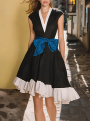 Black White Color Block Blue Bow Belt Dress