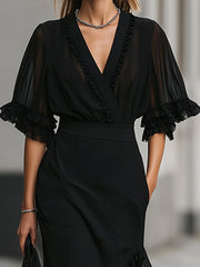 Chic Black Chiffon Ruffle Two Piece Set
