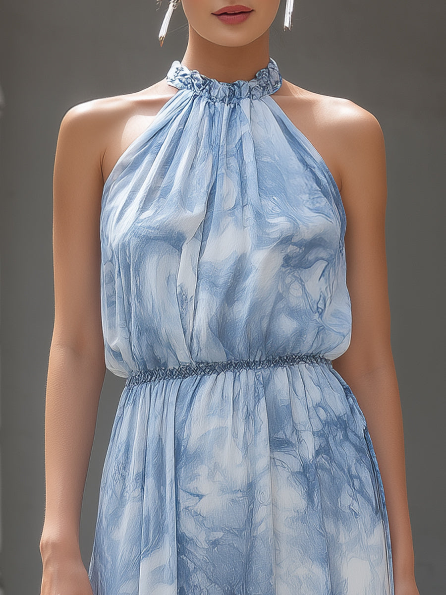 Graceful Marble Print Halter Maxi Dress