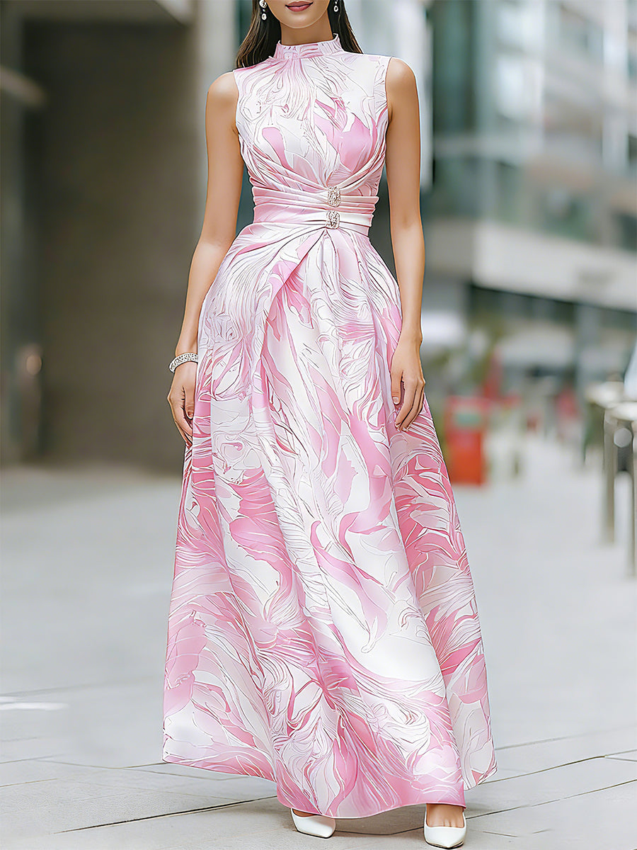 Elegant Pink Marble Print Sleeveless Maxi Dress