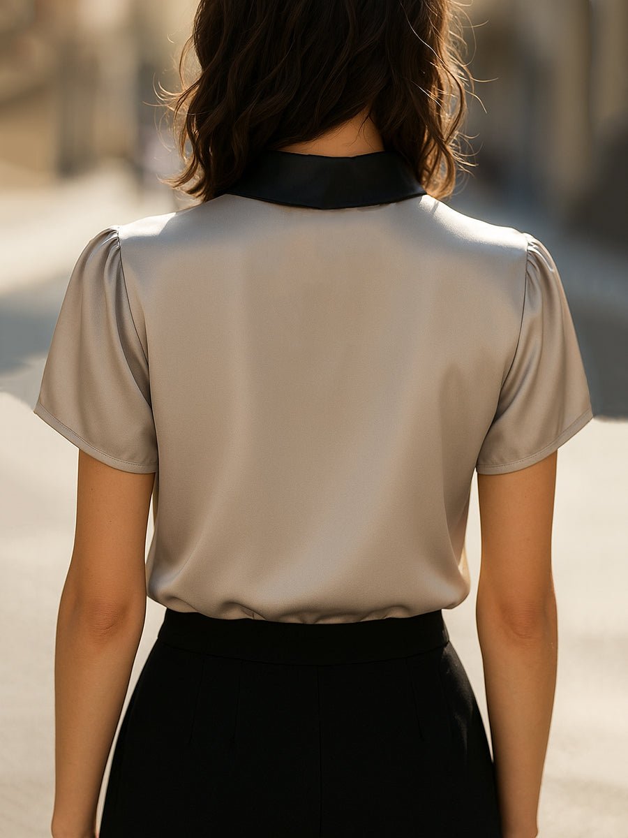 Luxury Contrast Collar Satin Keyhole Blouse