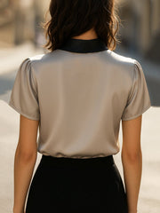 Luxury Contrast Collar Satin Keyhole Blouse