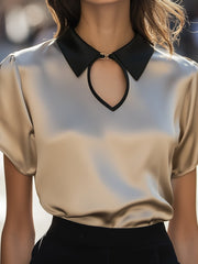 Luxury Contrast Collar Satin Keyhole Blouse
