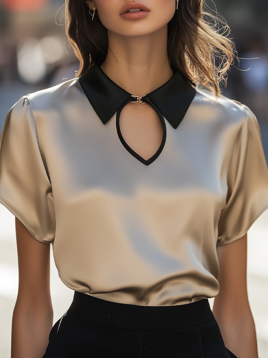 Luxury Contrast Collar Satin Keyhole Blouse