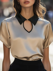 Luxury Contrast Collar Satin Keyhole Blouse