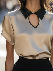 Luxury Contrast Collar Satin Keyhole Blouse
