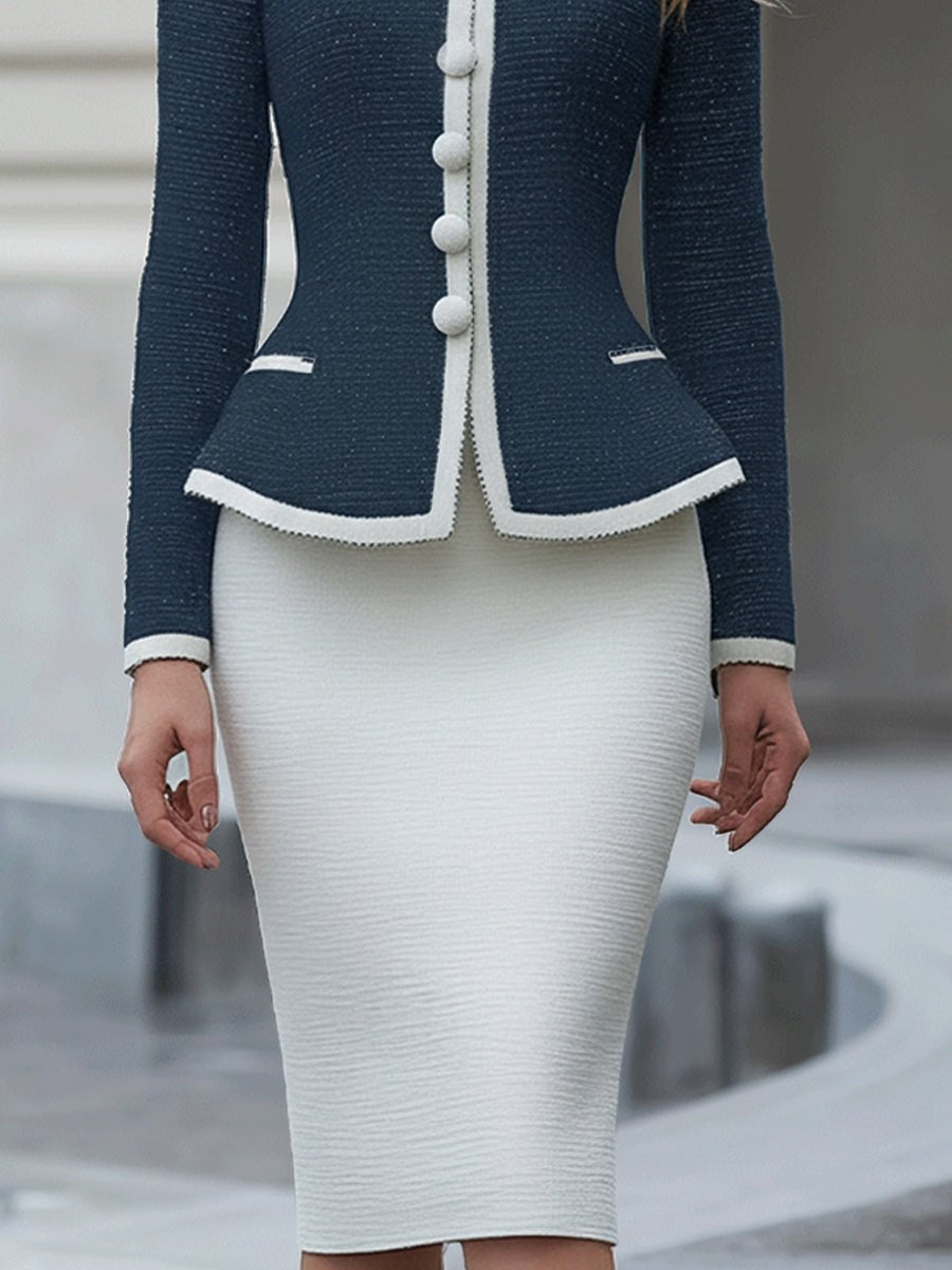 Luxury Navy & White Contrast-Trim Tweed Skirt Set