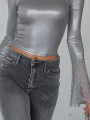 Luxury Silver Cold Shoulder Shirt