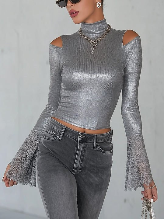 Luxury Silver Cold Shoulder Shirt