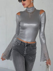 Luxury Silver Cold Shoulder Shirt