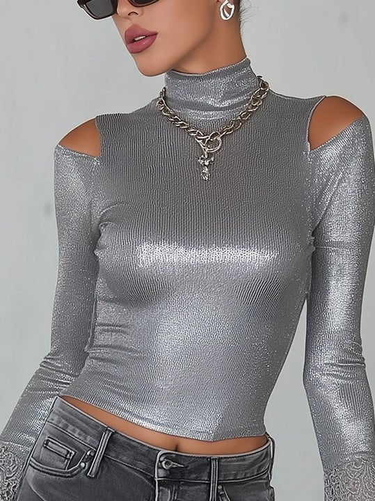 Luxury Silver Cold Shoulder Shirt