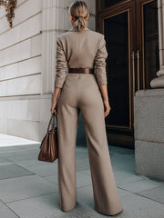 Luxury Taupe Belted Blazer Jumpsuit