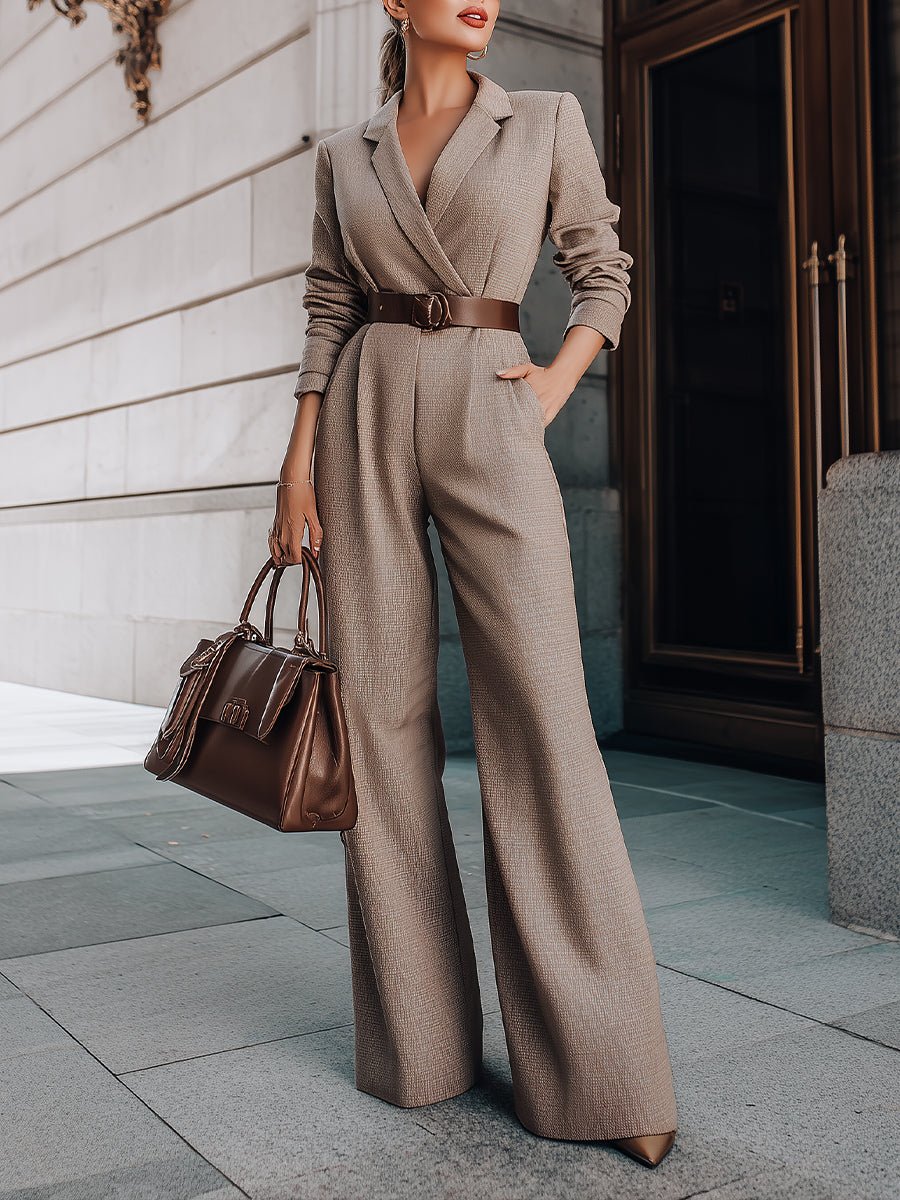 Luxury Taupe Belted Blazer Jumpsuit