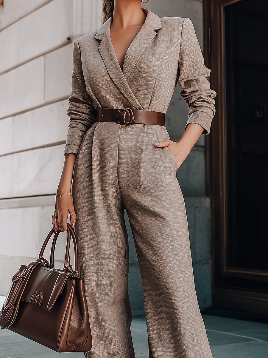 Luxury Taupe Belted Blazer Jumpsuit