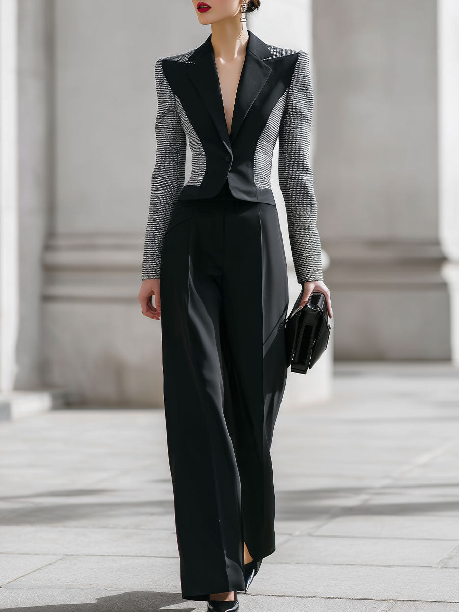 Stylish Houndstooth Panel Tailored Blazer & Pants