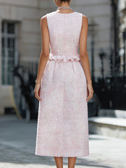 Elegant Pink Tweed Sleeveless Midi Dress